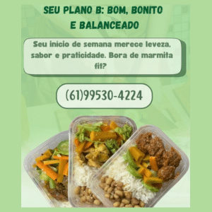 Marmitas Fit no gama, imagem com fundo verde claro 3 marmitas variadas com a frase ; seu plano B bom, bonito e barato