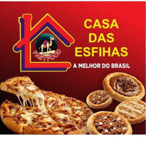 Imagem com fundo laranjado escuro com riscos formando o desenho de uma casa, escrito casa das esfihas el laranja claro e imagem de sfirras abaixo