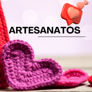 Artesanato no Gama, imagem com titulo artesanato e um coração feito em crochê na cor rosa