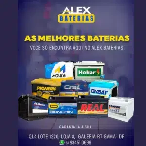 imagem da logo, Alex baterias, com várias baterias de várias marcas