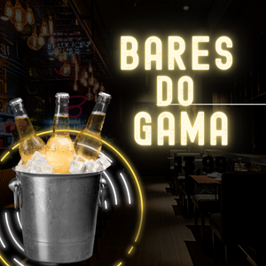 Bares do Gama, imagem com letreiro luminoso escrito bares do gama, balde de gelo com garrafas de cerveja