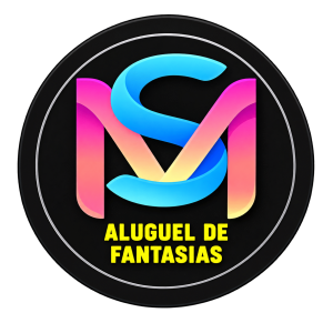 Imagem da logo com fundo escuro, com letras grandes M S, frase embaixo na cor amarela escrito aluguel de fantasias
