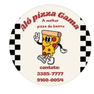 Imagem da logo escrito alô pizza gama, um pedaçõ de pizza com olhinhos braços e pernas andando e sorrindo