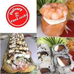 Yanê Sushi no Gama, imagem com a logo da Yanê sushi em vermelho e quatro imagens de pratos diferentes de sushi