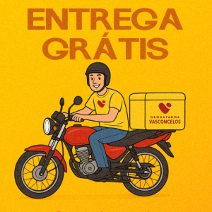 drogaria no Gama, imagem de um motoboy em vermelho com letras vermelhas escrito drogaria Vasconcelos com fundo vermelho