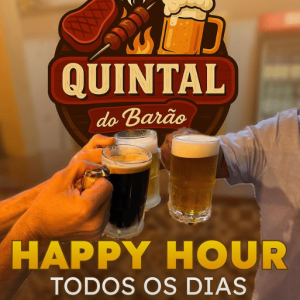 Bares do Gama, imagem col a logo ao fundo do quintal do barão a três taças de chopp brindando e uma frase a frente escrito happy hour
