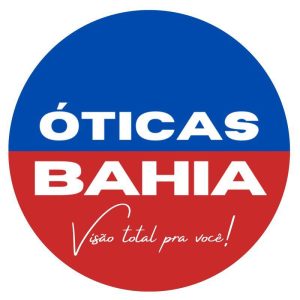 Óticas Bahia, imagem da logo um círculo dividido ao meio superior e inferior, com duas cores azul e vermelho, com o nome óticas Bahia escrito em branco