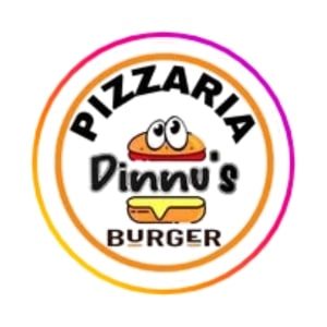 Pizzaria no Gama Dinnu´s, imagem da logo redonda com arcos laranjado, desenho de um xburg aberto com olhos e o nome Dinnu´s escrito no centro