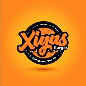 Xigas burger, imagem em plano de fundo laranja com a logo do xigas burger, um circuo preto com o nome xigas em laranja