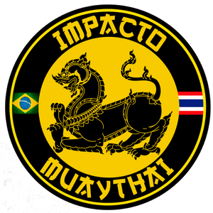 Muay thai no Gama, imagem da logo da academia, circulo em preto e amarelo, com um dragão chines em preto ao centro, com o nome impacto acima e embaixo muythai