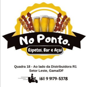 Churrasquinho no Gama, No Ponto espetos e bar, imagem da logo redonda em amarelo, seis espetinhos em pé divididos ao meio com 3 canecas de chopp