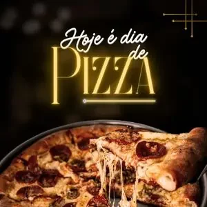 Pizzaria no gama, imagem de um letreiro informando que hoje é dia de pizza em dourado, com uma pizza suculenta e queijo derretido